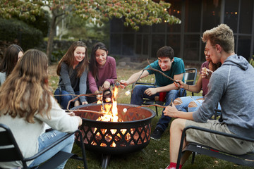 Teenage friends sit round a fire pit toasting marshmallows