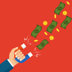 Flat design, vector illustration. Human hand holding a magnet. Concept of attracting investments. Money, business, success magnet.