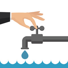 Turn off the water with man's hand isolated on background. Vector flat illustration