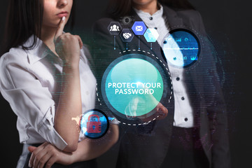 The concept of business, technology, the Internet and the network. A team of business women working on the virtual screen of the future and see the inscription: Protect your password