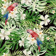 Beautiful watercolor seamless, tropical jungle floral pattern background with palm leaves, flower hibiscus, parrot. 