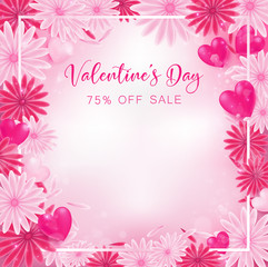 valentine floral invitation is decorate in red and pink color as flower blooming, border is pearl pink along with petals are dropped on beside , usage in advertising decorative or cerebrate invitation