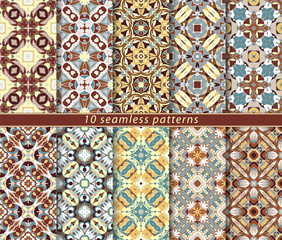 Set of bright seamless patterns. A collection of ten ornaments of red and orange in an ethnic style. Vector illustration.