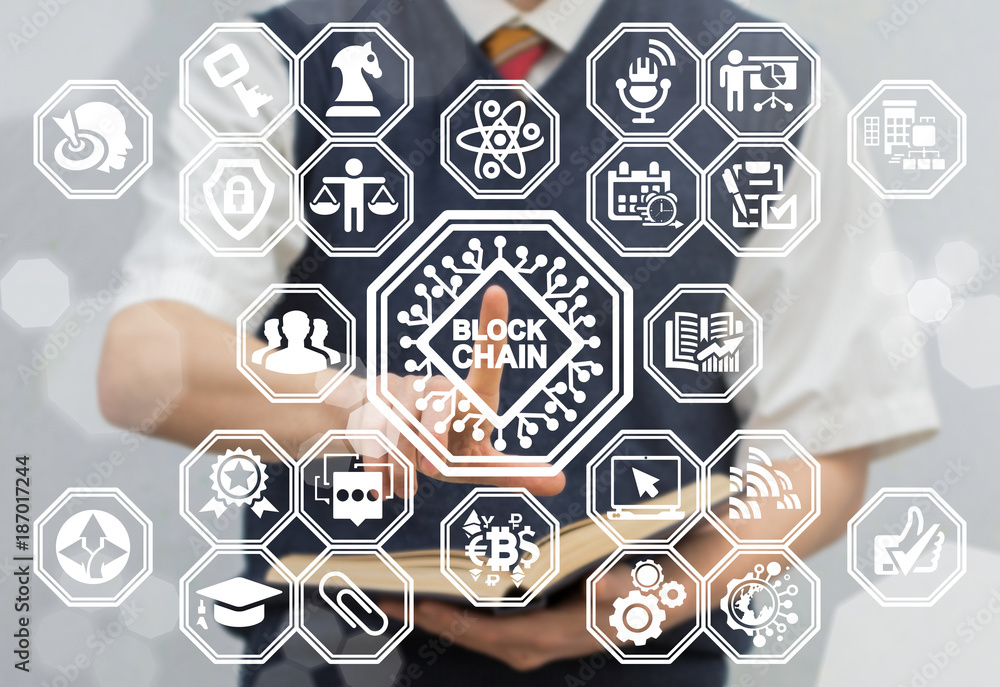 Poster blockchain microchips information learning technology. young man using virtual touchscreen presses s