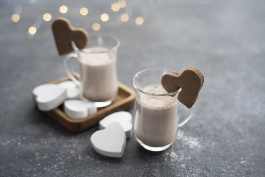 cups with cocoa and cookies-hearts. Valentine's Day