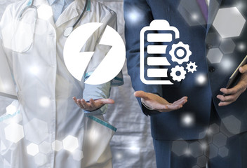 Doctor offers flash spark icon, businessman represents battery gears mechanism icon on a virtual...