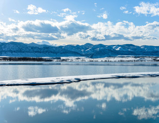 Spring Mountain Lake - Spring view of a mountain lake after a snow storm. Chatfield Reservoir, Denver-Littleton, Colorado, USA.