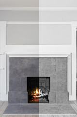 Active Modern Fireplace - Illustration. Drawing from Split screen to Photograph