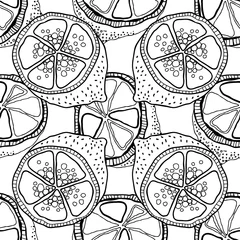 Papier Peint photo autocollant Citrons Tranches de citrons. Modèle sans couture avec des fruits dessinés à la main. Illustration en noir et blanc pour cahier de coloriage.