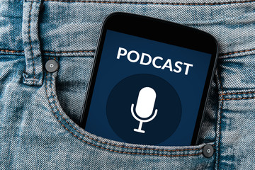 Podcast concept on smartphone screen in jeans pocket. All screen content is designed by me. Flat lay
