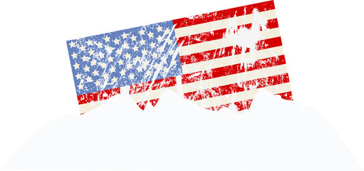 USA flag snow covered, sunken in a snow bank vector illustration