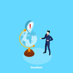 a man in a business suit shows on the globe the position of something important, an isometric image