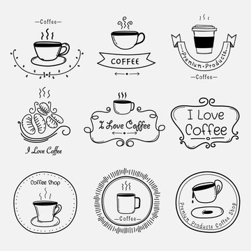 Set Of Vintage Retro Coffee Labels. Retro Elements For Calligraphic Designs. Handmade Vector Illustration.
