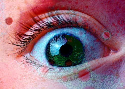 Grunge style eye abstract with overlay of bubbles