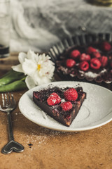 clafoutis chocolate with raspberry - brown cake