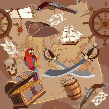 Old pirate treasure map seamless pattern. Treasure chest, parrot steering wheel skull, rum saber pirate hat and ship. Adventure stories seamless background
