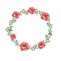 Red flowers and green brances garland isolated on white background. Design for logo, greeting card, wedding invitation. Hand drawn watercolor illustration.