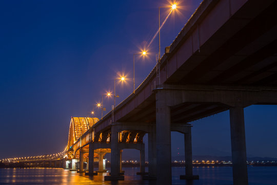 Banghwa Bridge at night in Seoul South Korea.