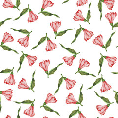 Seamless pattern with red flowers and green leaves isolated on white background. Hand drawn watercolor illustration.