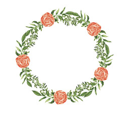 Red flowers and green leaves wreath on white background. Hand drawn watercolor illustration.