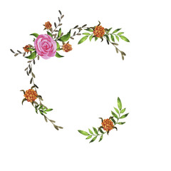 Pink rose flower greeting card or wedding invitation design. Hand drawn watercolor illustration.