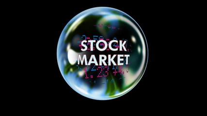 Stock market bubble rises into view and holds on mid screen.  It wobbles and jiggles, potentially about to burst as a harbinger of a possible worldwide economic collapse (*Includes Alpha Channel) - Powered by Adobe