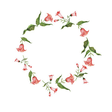 Red bell flowers and green leaves border isolated on white background. Hand drawn watercolor illustration.