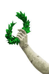 Hand holds a green laurel wreath - bronze statue on white background for easy selection - Success...