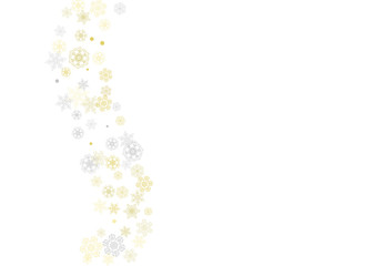 Gold snowflakes frame on white background. New year theme. Horizontal shiny Christmas frame for holiday banner, card, sale, special offer. Falling snow with gold snowflake and glitter for party invite