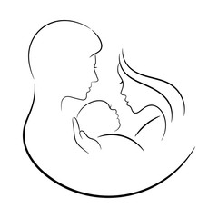 Contour drawing, family: mother, father and newborn baby