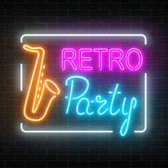Neon signboard of retro party in music bar. Glowing street sign of a nightclub with live music.