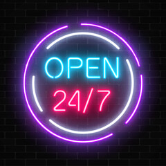 Neon open 24 hours 7 days a week sign in circle shaps on a brick wall background.