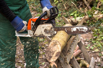 Mann mit Motorsäge sägt Holz für Kamin Brennholz Arbeit