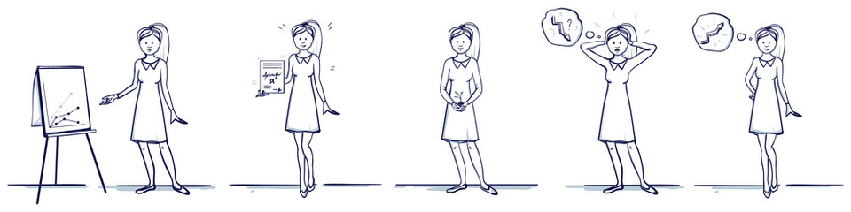 Set of business woman cartoon illustration. Stands scenes: near the stand, shows on the chart, holds a sprout in her hands, received a reward or a certificate. Hand drawn doodle vector illustration.