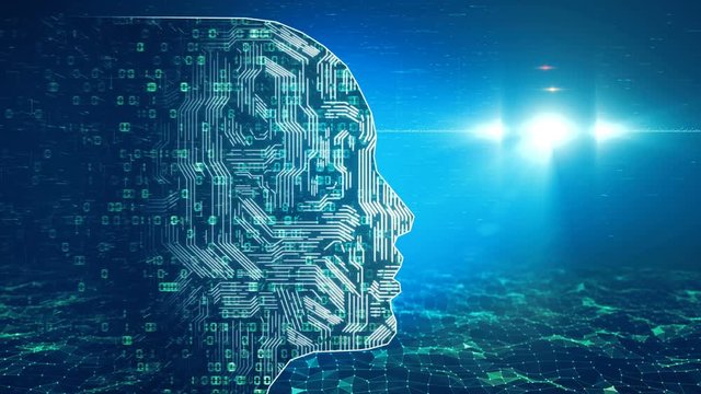 Animation of artificial intelligence in abstract data code server background. Digital futuristic face robotic future computer technology system cyber space