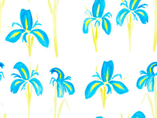 Fototapeta na wymiar Hand painted with watercolor brush seamless pattern with blue and yellow iris illustration isolated on white background
