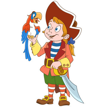 Kids in Professions. Cartoon Pirate and his macaw parrot. Design for children's coloring book.