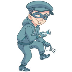 Kids in Professions. Cartoon criminal (thief) with house or bank keys and flashlight is running on tiptoe. Design for children's coloring book.