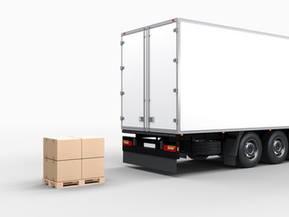 White Trailer with Four Brown Cardboard parcel boxes on euro pallet, 3d rendering