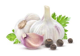 Garlic with parsley and spices isolated on white background