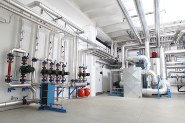 central heating and cooling system control in a boiler room - obrazy, fototapety, plakaty