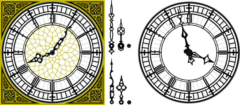 Vector antique old clock with square golden ornament roman baroque style dial numerals and clock hands. Set of antique clock hands. Vector set of tower Big Ben clock gothic style Vintage vector watch