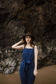 Stylish Girl at the Coast in Blue Romper