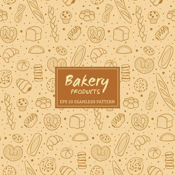 Hand drawn seamless pattern of bread and bakery products. Baked goods background. Vector illustration.