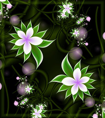 Computer generated 3D fractal beautiful flowers on abstract green background.