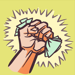 Powerful graphic hand crushing paper surrounded by a halo of light.