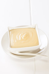 A bowl of homemade mayonnaise and space for text.