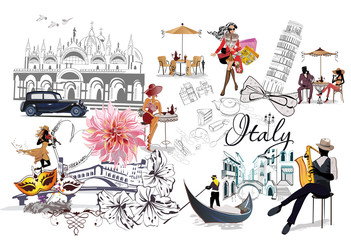 Set of Italy illustrations with fashion girls, cafes and musicians. Vector illustration.