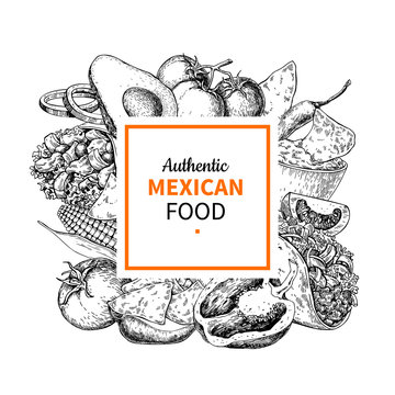 Mexican food sketch label in frame. Traditional cuisines drawing