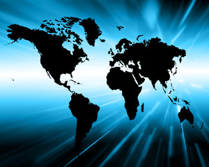 World map on a technological background, glowing lines symbols of the Internet, radio, television, mobile and satellite communications.